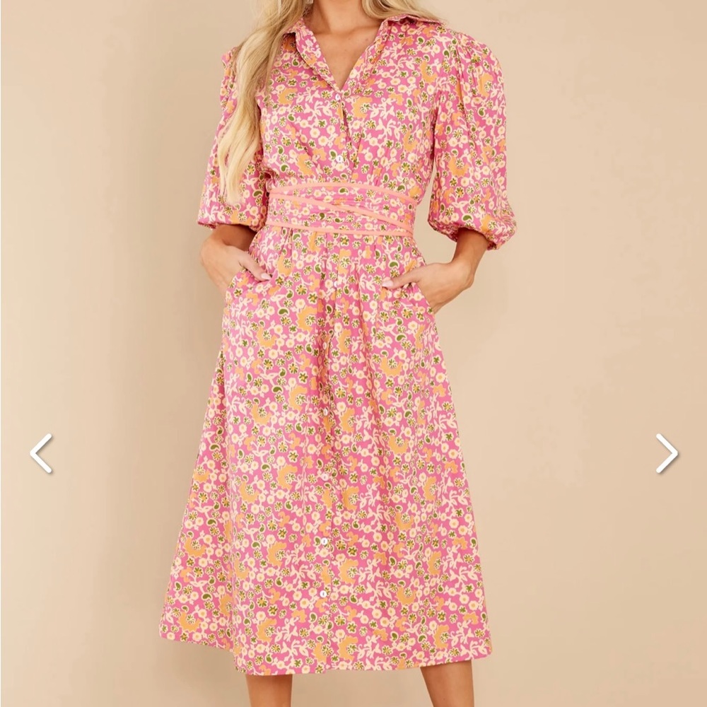 Olivia James the Label size L pink floral button down dress puff sleeve w/ belt